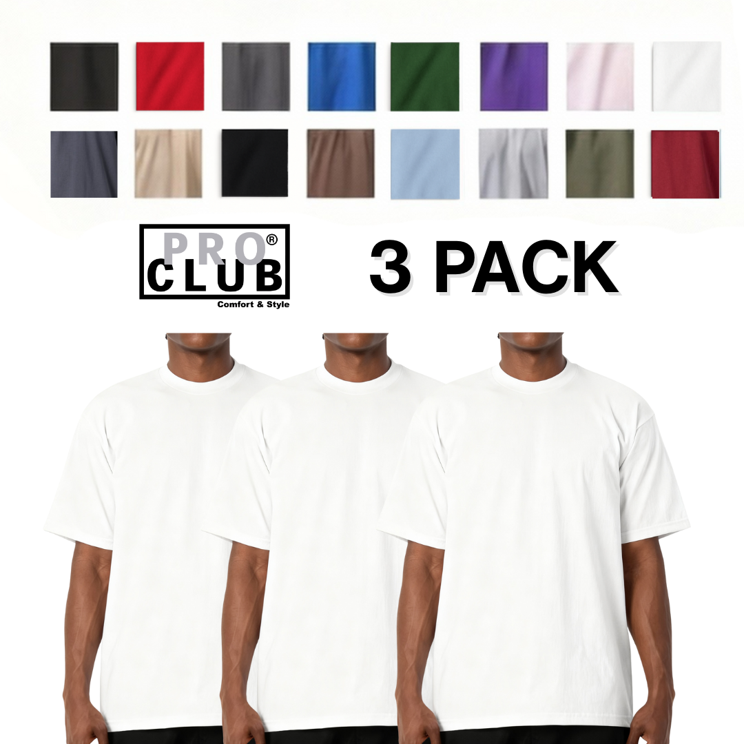 3 PACK Pro Club Men's Heavyweight Cotton Short Sleeve Crew Neck T-Shirt