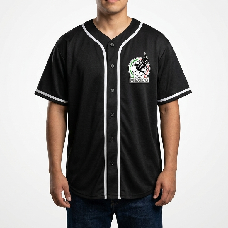 Viva Mexico Cabrones Graphic Baseball Jersey - Black Button-Down Shirt