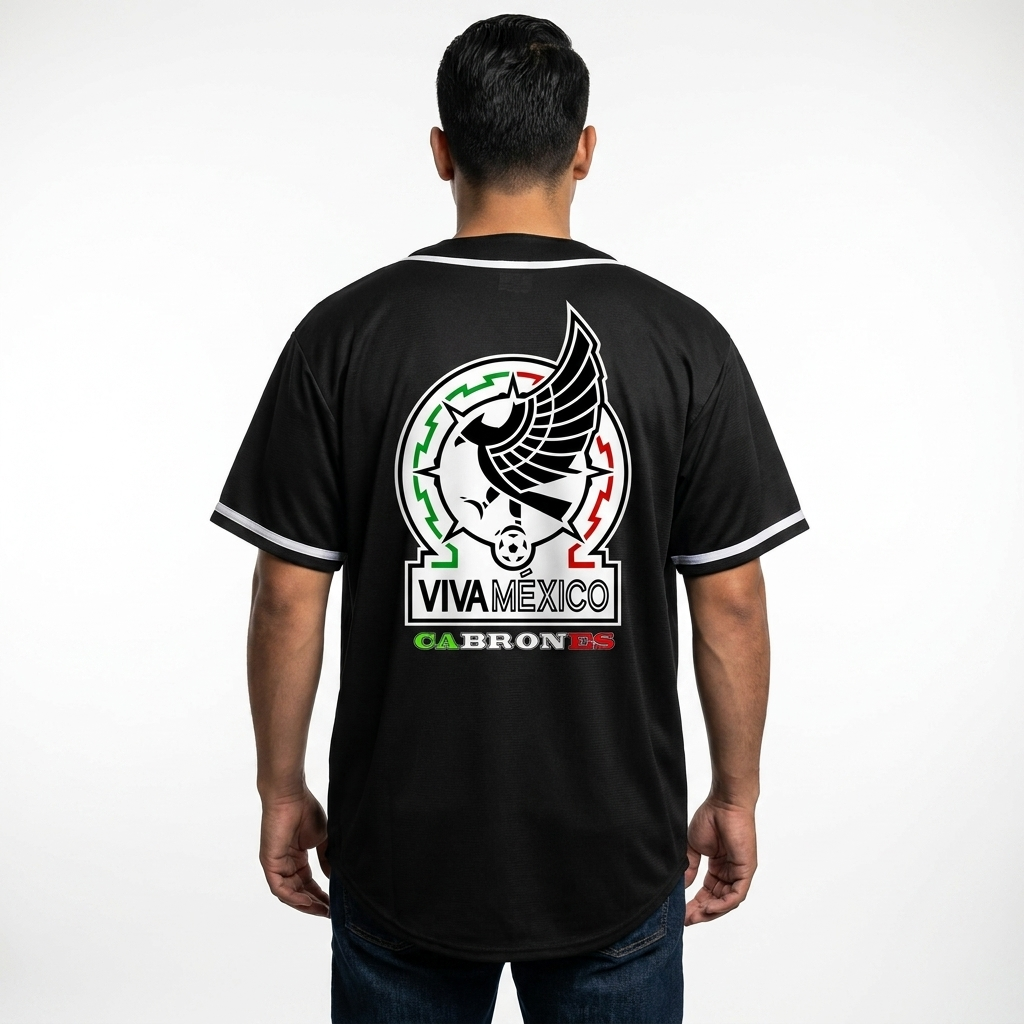 Viva Mexico Cabrones Graphic Baseball Jersey - Black Button-Down Shirt