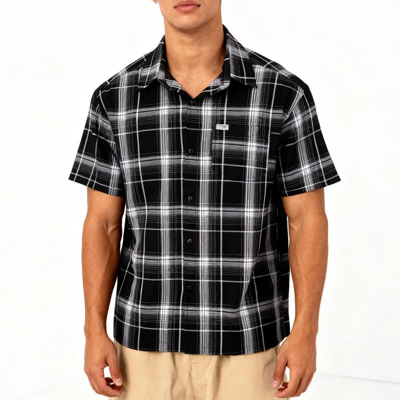 CALTOP Short Sleeve Button Up Plaid Shirt