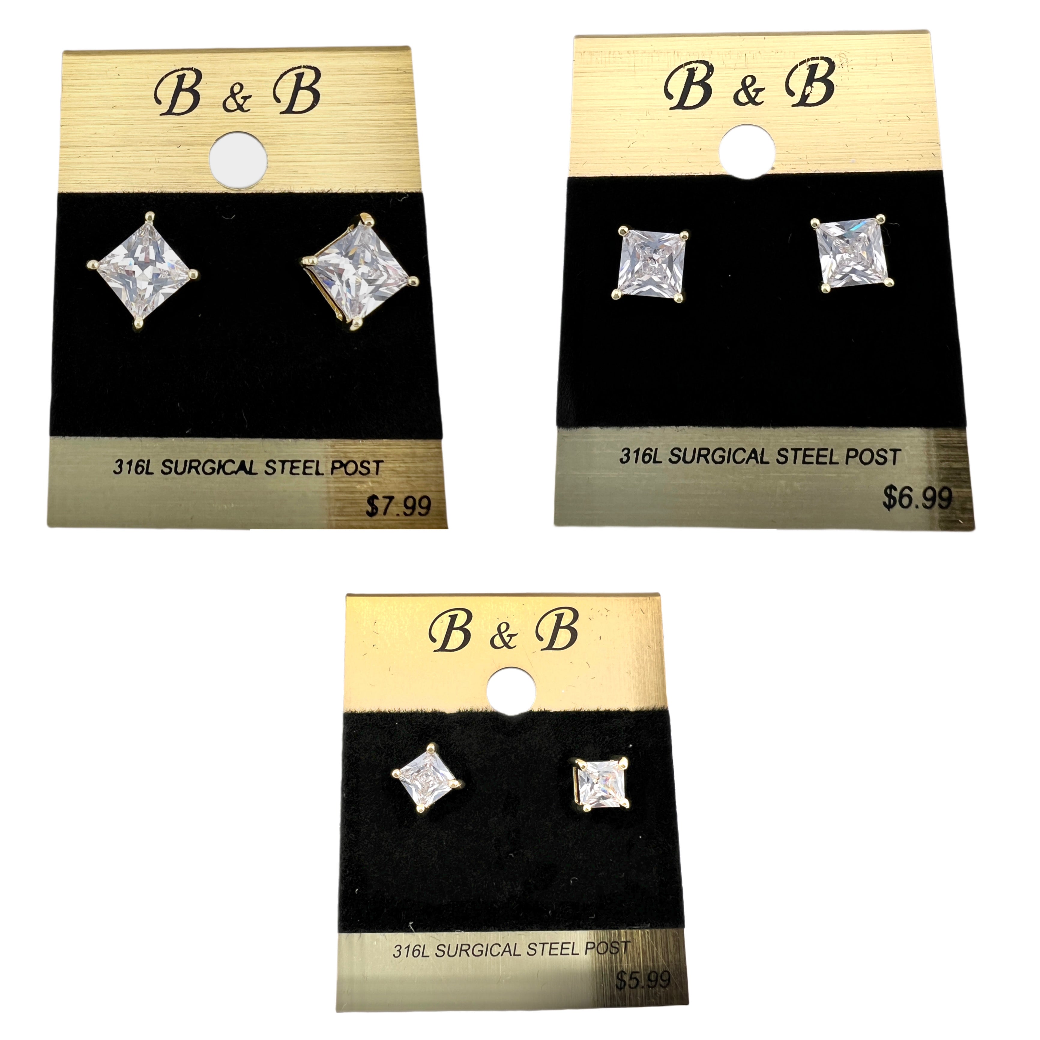 B&B Gold Color Cubic Zirconia Square Stud Earrings