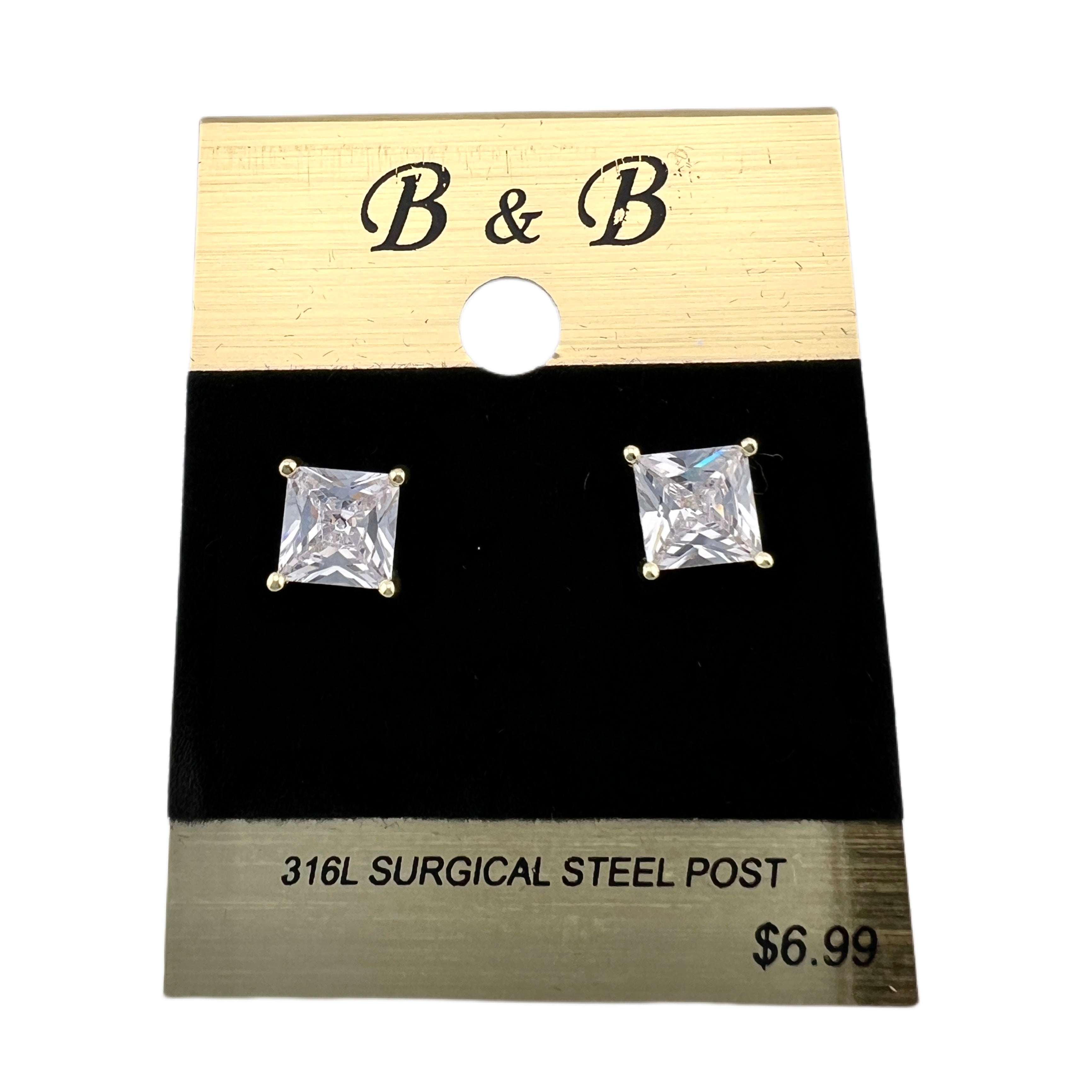 B&B Gold Color Cubic Zirconia Square Stud Earrings