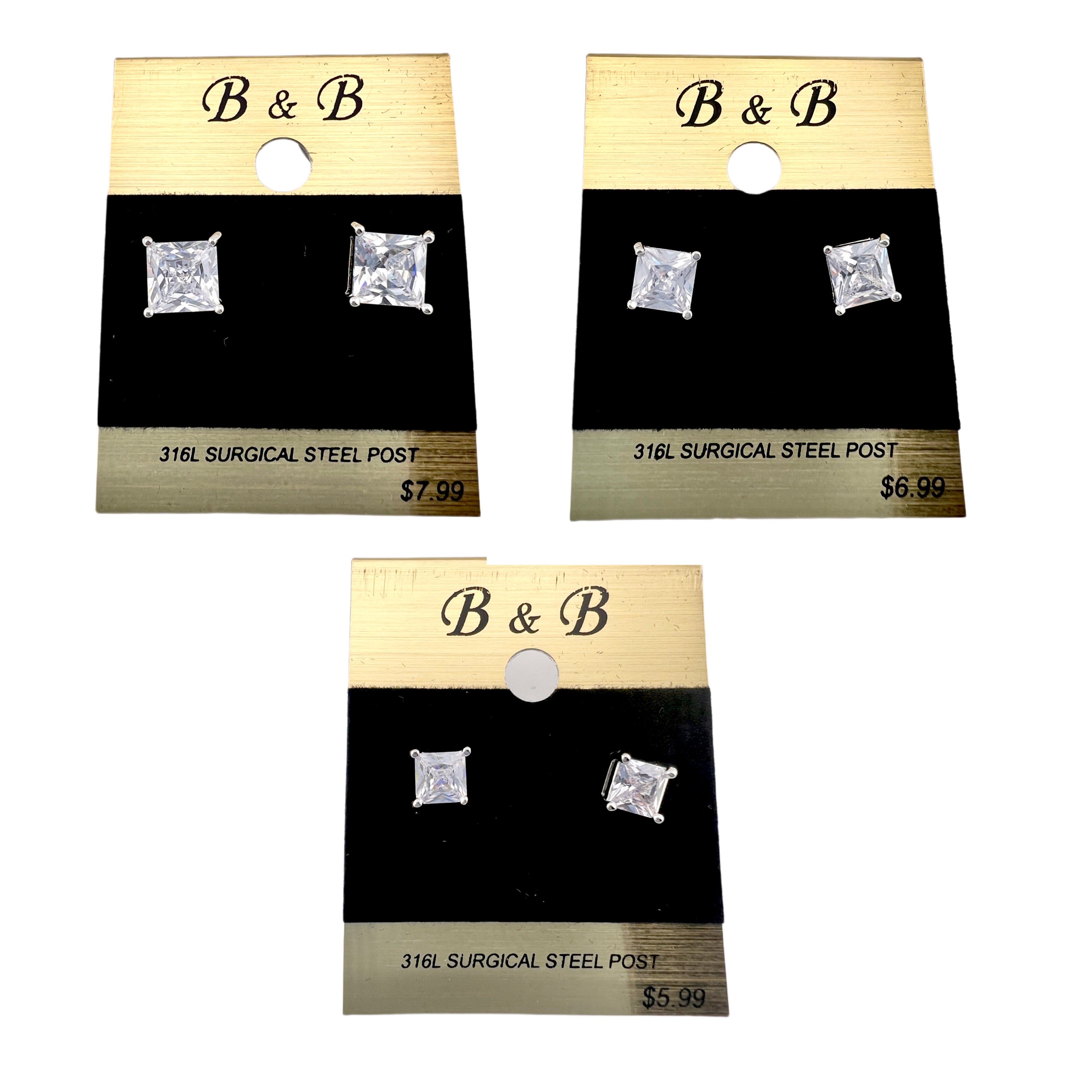 B&B Silver Color Cubic Zirconia Square Stud Earrings