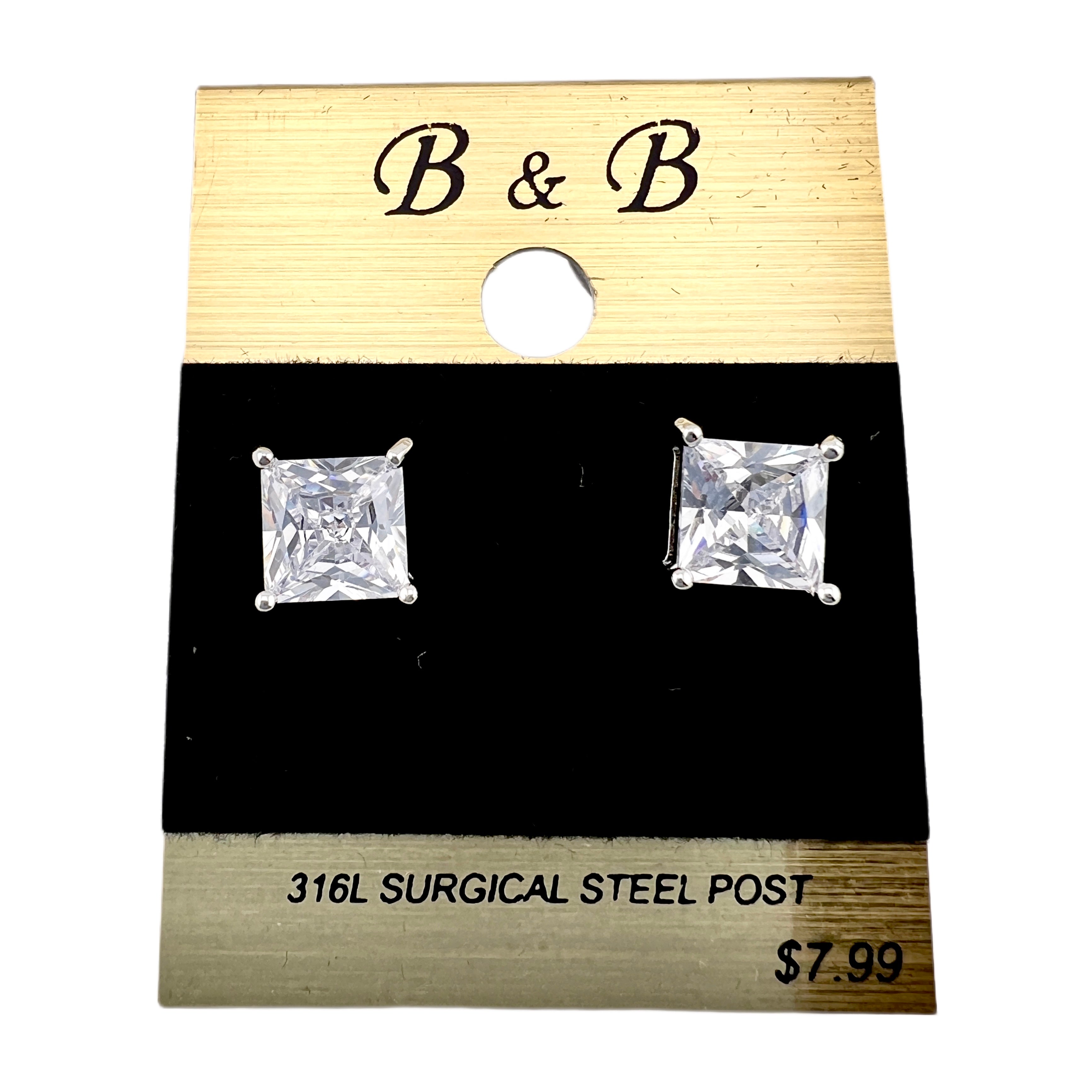 B&B Silver Color Cubic Zirconia Square Stud Earrings