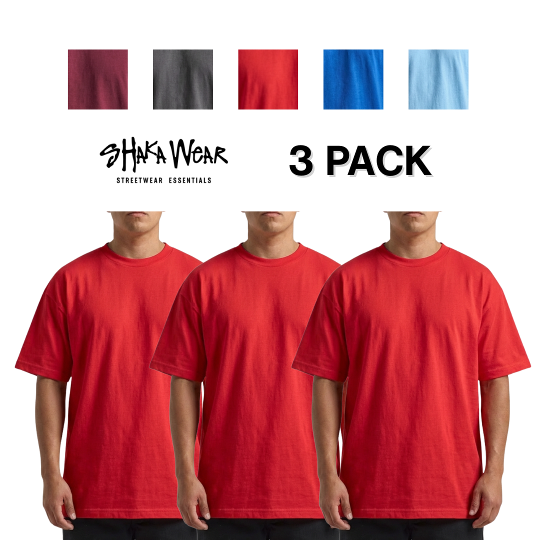 3 PACK Shaka Wear 6.0 oz Active Short Sleeve T-Shirt (Burgundy/Dark Grey/Red/Royal/Sky Blue)