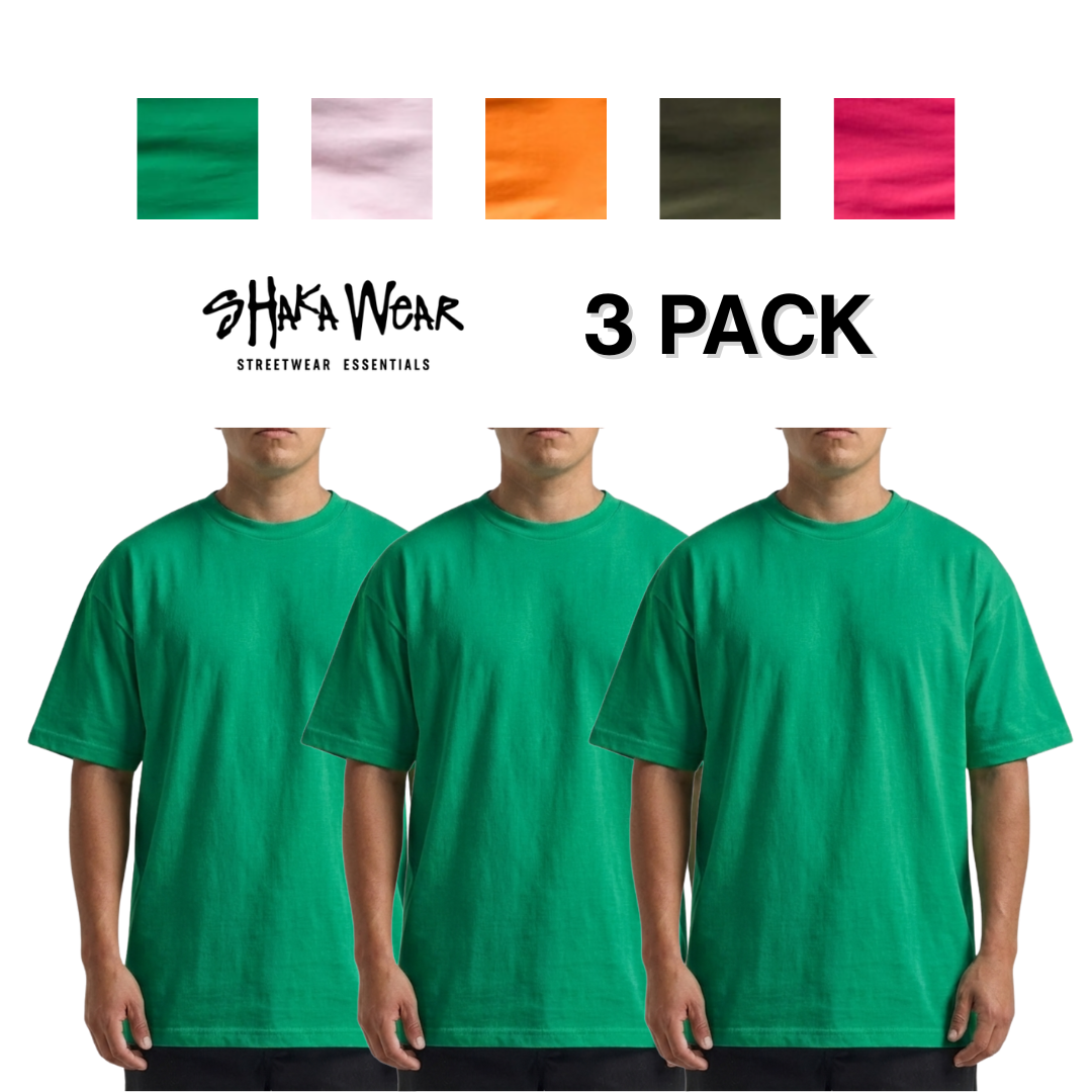 3 PACK Shaka Wear 6.0 oz Active Short Sleeve T-Shirt (Hunter Green/Kelly Green/Orange/Hot Pink/Pink)