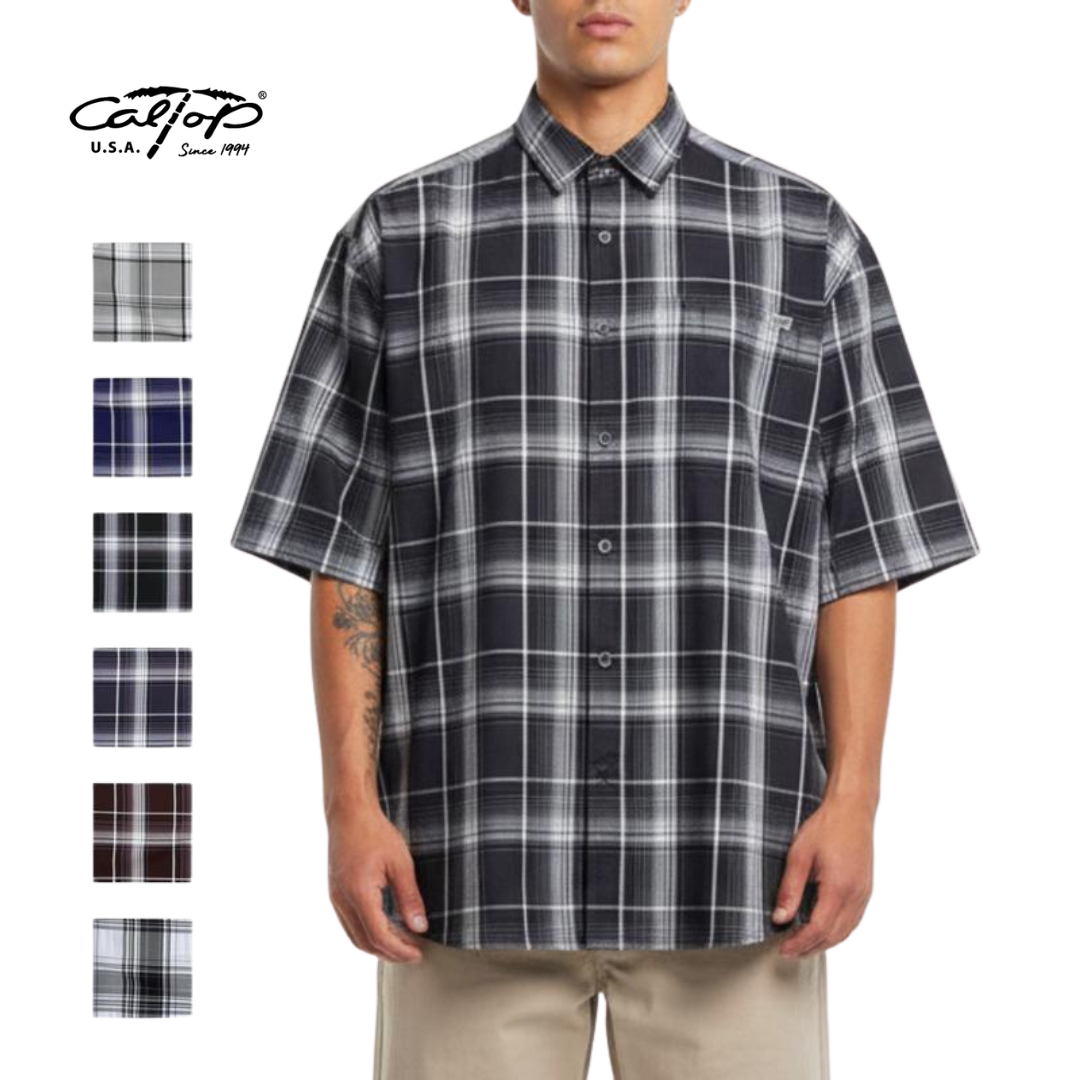 CALTOP Short Sleeve Button Up Plaid Shirt