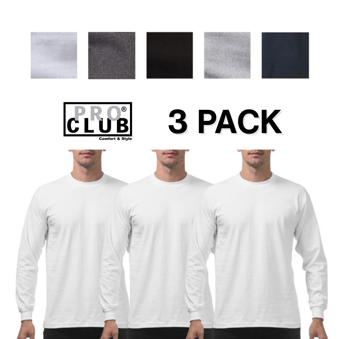 3 PACK Pro Club Men's Heavyweight Cotton Long Sleeve T-Shirt