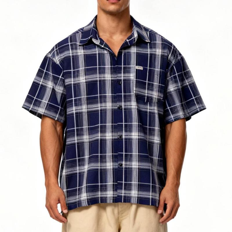 CALTOP Short Sleeve Button Up Plaid Shirt